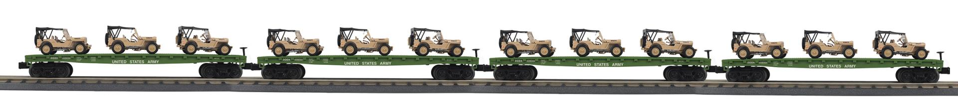 MTH U.S. Army O Gauge RailKing 4-Car Flat Car w/(3) Willy’s Transport Vehicles 30-70124
